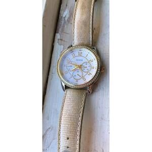 GUESS Women's Round Watch White Dial Gold Toned Leather Band